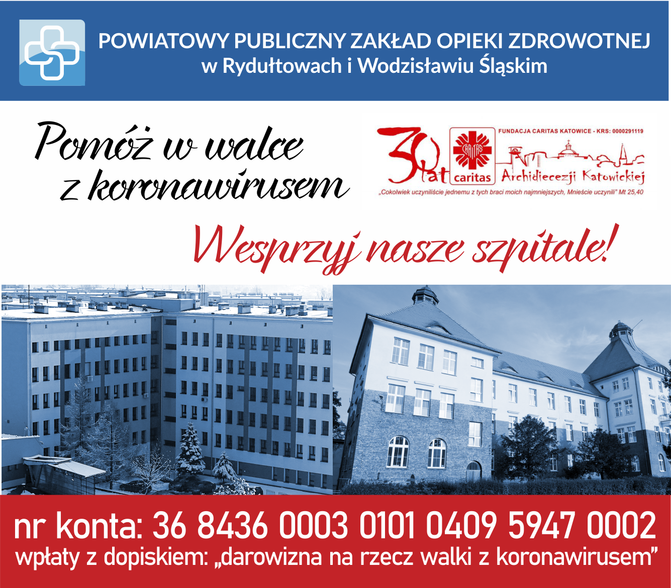 Caritas prowadzi zbiórkę pieniędzy dla szpitali w Wodzisławiu i Rydułtowach / Materiały prasowe