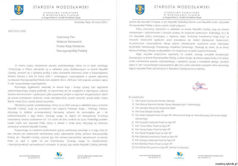 List starosty wodzisławskiego do premiera Mateusza Morawieckiego i ministrw / Starostwo Wodzisław