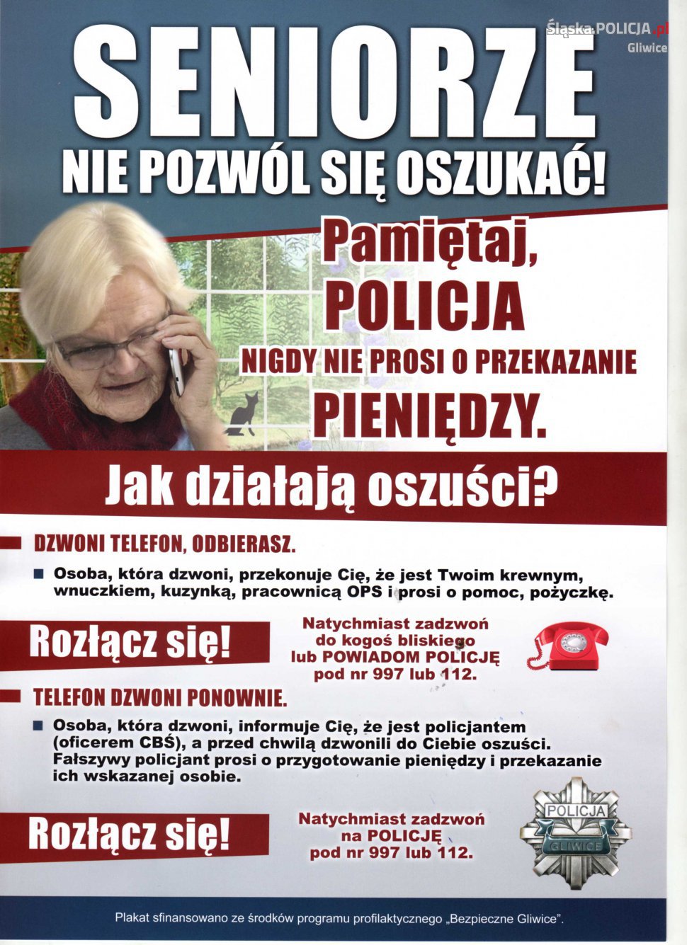 Policja Gliwice / Na kłamstwa fałszywego policjanta dała się nabrać tym razem 60-latka z gminy Pilchowice. 